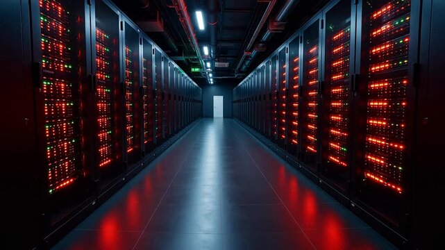 Server room with rows of illuminated racks