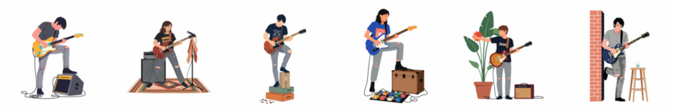 Collection of diverse young musicians playing electric guitars with amps and pedals, presented in a clean flat illustration style on white background.