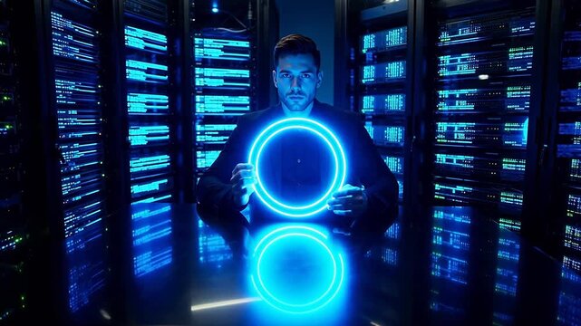 Man holding glowing circle in server room