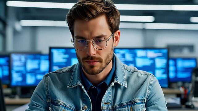 Man in denim jacket working on computer