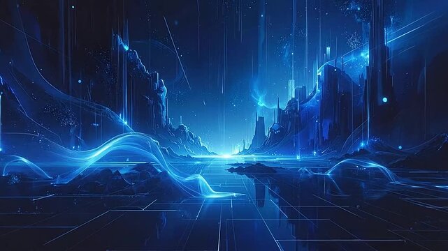 Futuristic digital landscape with glowing blue data streams and neon city silhouettes