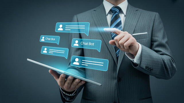 Businessman interacting with digital chatbot interface on tablet screen for customer support with businessman suit using tablet interact floating holographic chatbot icons