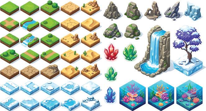Isometric game assets set featuring terrain tiles, natural landscape elements, crystals, and underwater coral blocks for mobile game development