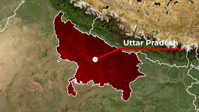 Zoomed in satellite terrain map animation of India highlighting Uttar Pradesh state in red with a red callout line and blinking target dot