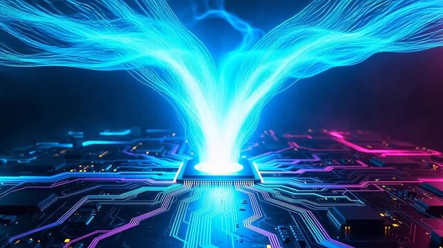 Circuit board with glowing energy flow