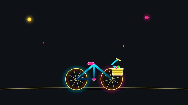 Minimalist bicycle silhouettes traveling across a dark digital landscape representing summer travel during the shoulder season transition in a creative vector style motion graphic animation