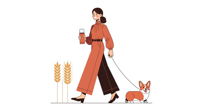 Woman walking her corgi dog while holding coffee.