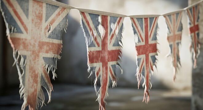 Tattered british union jack bunting flags hanging in a row