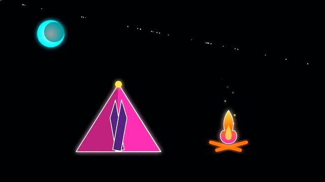 Minimalist geometric icons depicting summer travel in a quiet shoulder season featuring stylized pink triangle tents and glowing orange bonfires set against dark starry night sky