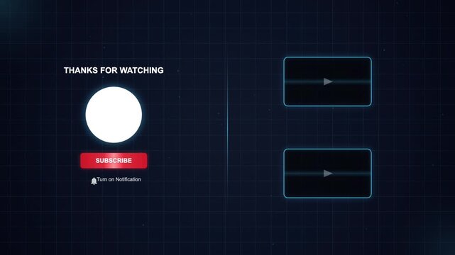 Digital Outro Screen With Subscribe Button And Video Thumbnails On Dark Grid Background