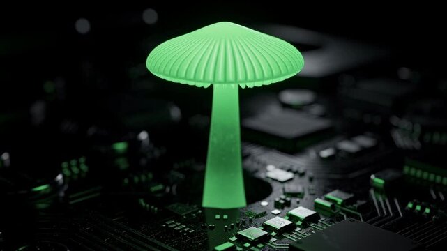Glowing green mushroom growing from the core of a futuristic high tech circuit board concept