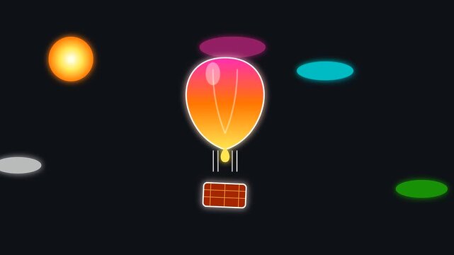 vibrant neon air balloons floating upward through dark skies representing carefree summer travel during the shoulder season as glowing orbs drift past in a playful animation