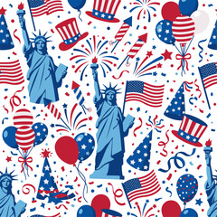 Obraz premium Patriotic Seamless Pattern with Statue of Liberty and American Flags for Independence Day Celebrations