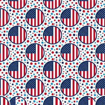 Patriotic Seamless Pattern with American Flag Circles and Polka Dots for Festive Backgrounds