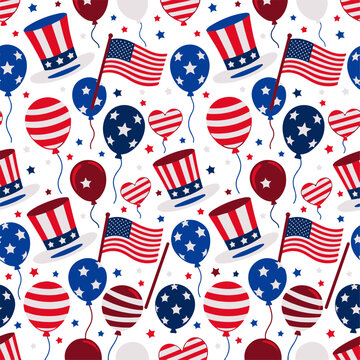 Patriotic Seamless Pattern of American Flags Hats and Balloons for Holiday Celebration