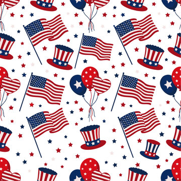 Patriotic Seamless Pattern with American Flags Top Hats Balloons and Stars for Holiday Celebrations