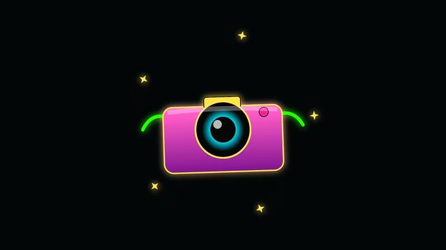vibrant camera icon animated with golden sparkling stars representing summer travel and shoulder season adventure captured in a simple graphic style for modern digital media
