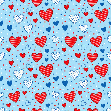 Hearts Pattern Background Featuring Red White and Blue Polka Dots Ideal for Patriotic Design