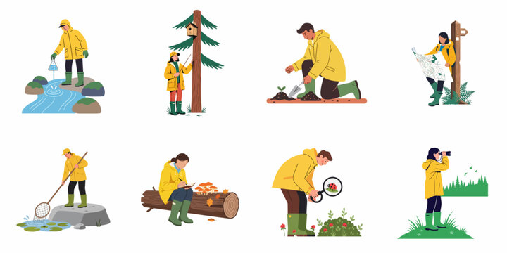 Set of characters in yellow raincoats performing various environmental research and nature exploration activities in the forest and near water.