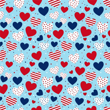 Hearts Patriotic Seamless Pattern with Red White and Blue Polka Dots and Stripes Perfect for Holiday Backgrounds