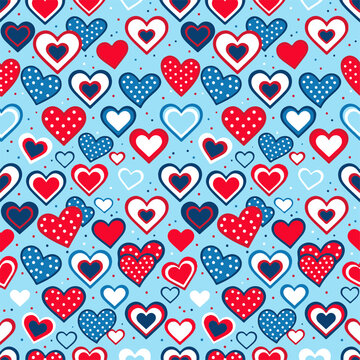 Hearts Seamless Pattern with Red White and Blue for Patriotic Holiday Designs