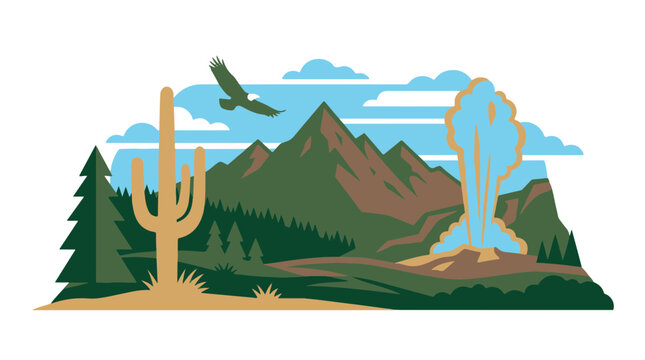Landscape Illustration Featuring Diverse North American Nature with Geyser Mountains Cactus and Eagle