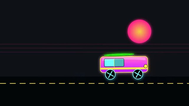 Neon purple minibus moving across an infinite road during summer travel adventures as the landscape shifts through the quiet shoulder season in this stylized animation