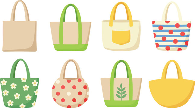 Reusable canvas tote bags set with colorful patterns eco friendly cotton shopping bag illustrations