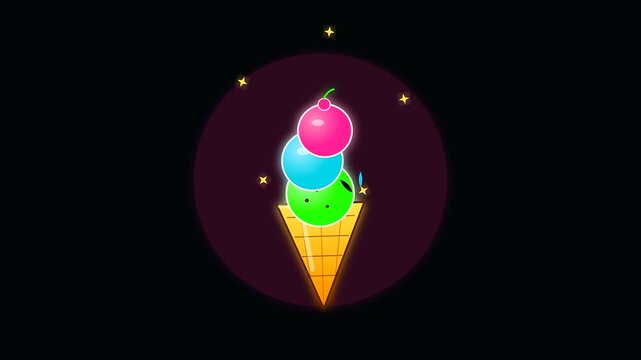 Animated ice cream cone showing summer travel delights during shoulder season featuring vibrant neon flavors that rotate and sparkle against a dark circular glowing digital setting