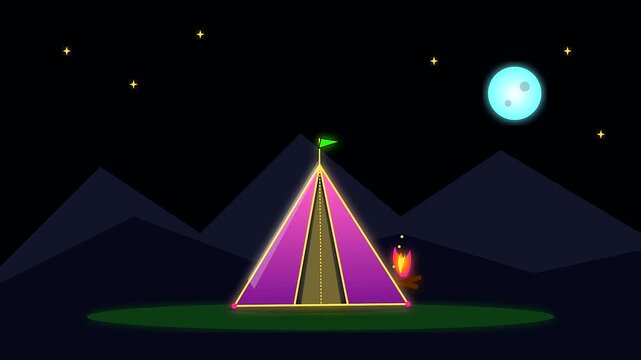 A mystical nocturnal scene depicts a magenta tent growing near a campfire during summer travel and shoulder season as stars illuminate the dark mountain terrain sky