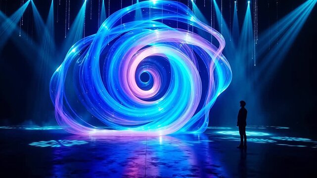 Person observing glowing spiral art installation