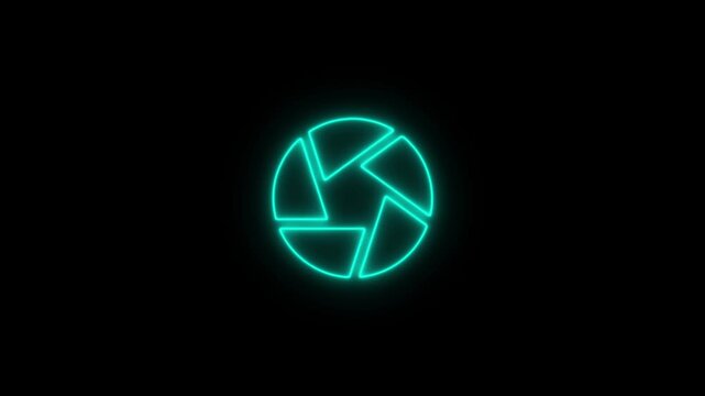 Glowing Lime Sine Neon Camera Shutter Aperture Icon on Black Background