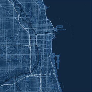 Chicago City Map Poster Street Map JPG Classic Blueprint White Line Blue Background Wall Art