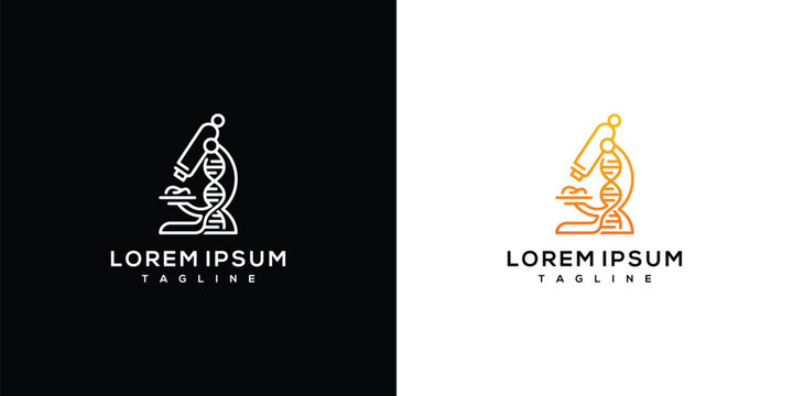 Modern Microscope and DNA Helix Line Art Logo Design Concept