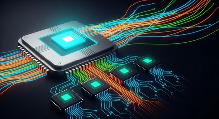 Fototapeta premium A computer chip with glowing blue lines and wires on a dark background representing technology and innovation in computing and electronics