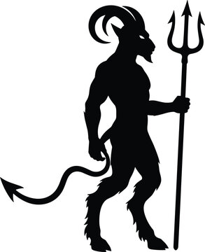 Black silhouette of a mythological devil or satyr with goat horns and trident isolated on white background