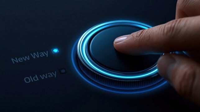 Innovation and change as a finger pushes a futuristic button for digital progress
