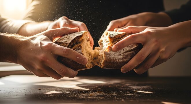 Close up of hands breaking a fresh loaf of crusty bread in a kitchen