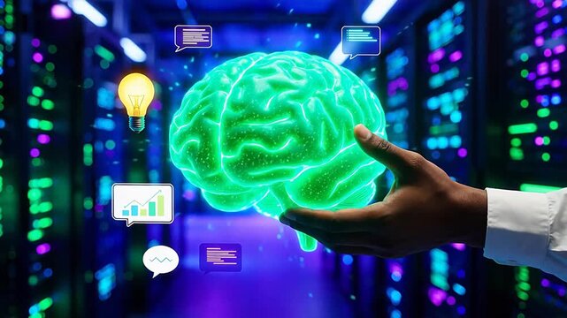 Hand holding glowing brain with icons