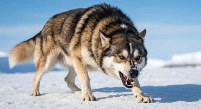Furry predator baring teeth in snowy environment, low-angle shot