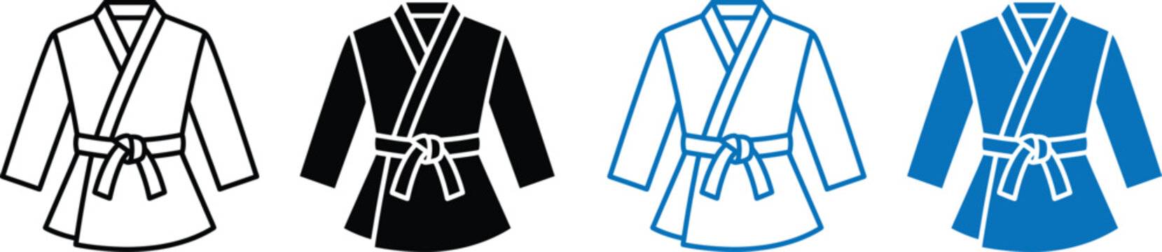 Martial Arts and Traditional Clothing Vector Icon Collection featuring karate gi uniform and judo kimono jacket symbols.