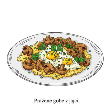 Pražene gobe z jajci, Delicious homemade breakfast plate featuring perfectly scrambled eggs topped with savory saut&eacute;ed mushrooms and fresh green herbs, a healthy and appetizing meal option