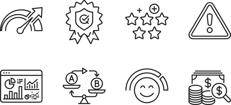 Business and marketing icons for data analysis quality assurance customer satisfaction and financial auditing line art