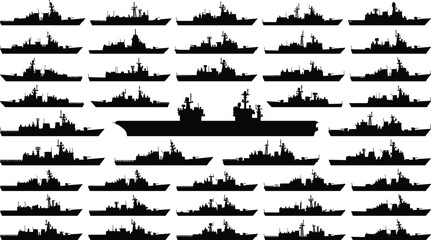 Comprehensive collection of naval warship silhouettes featuring aircraft carriers and destroyers for military maritime defense concepts © SreePoreshChandra