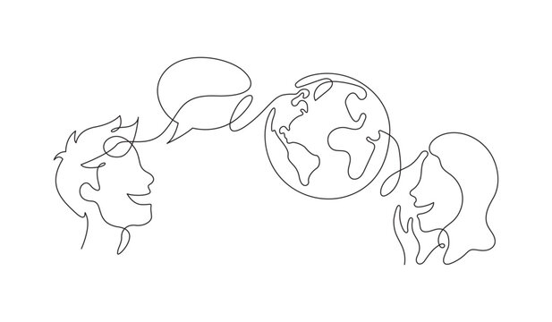 Continuous line drawing of people laughing with a globe international joke day concept vector illustration