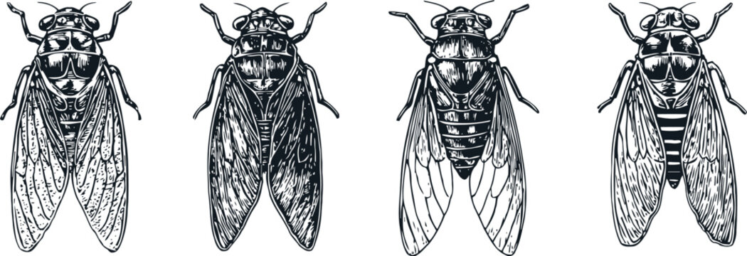 detailed engraving set of cicadas with transparent wings and intricate body textures