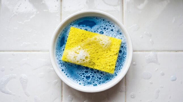 Yellow sponge soaking in blue soapy water in a white dish on a tiled surface.