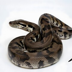 Fototapeta premium Burmese python displays impressive coiled posture isolated on white