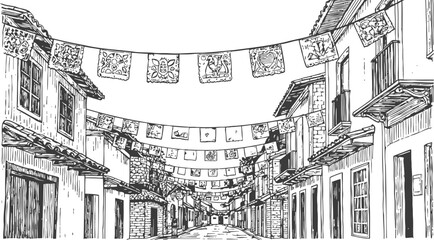 Obraz premium traditional street view with hanging decorative flags old town architecture line drawing