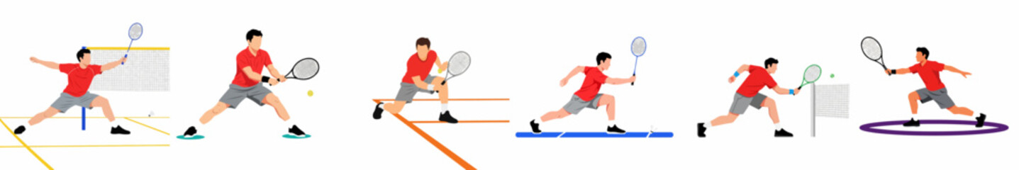 Fototapeta premium Flat design illustration set of a male athlete performing various actions in tennis and badminton sports, isolated on a white background.